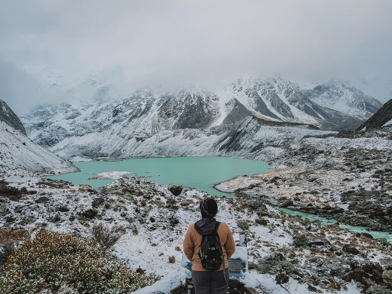 Aquarius Traveller at Mueller lake, Hooker Valley Hike, New Zealand