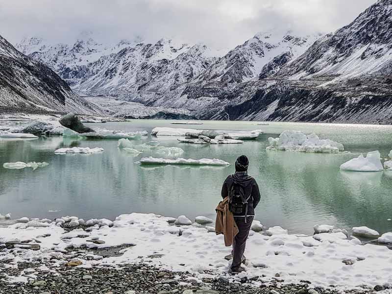 Chris standing in front of Hooker Lake with the Glacier in the distance