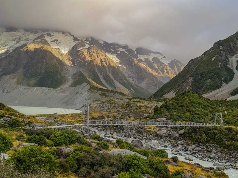 First swing bridge on the Hooker Valley Track in Mount Cook National Park