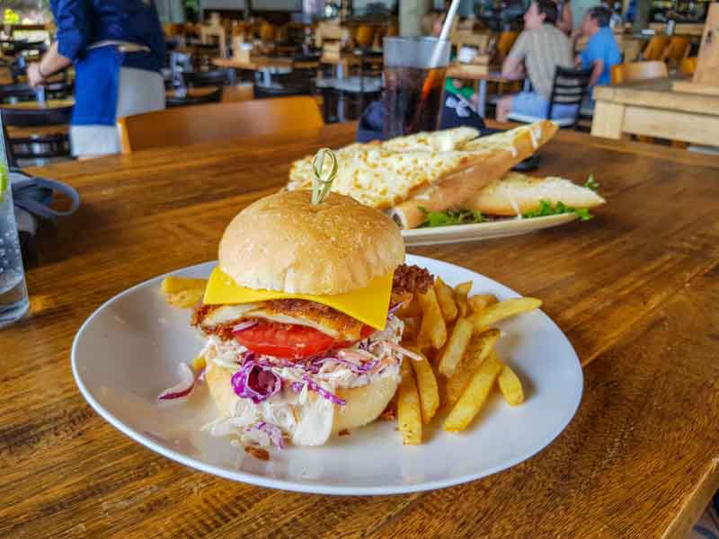 Burger, Chips and Garlic Bread meal