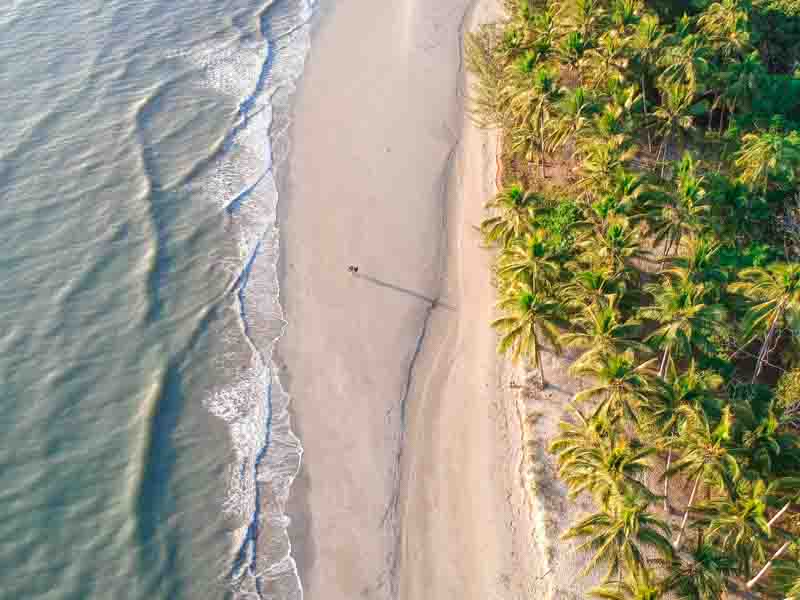Drone shot of person walking for sunrise with shadow casting over the beach