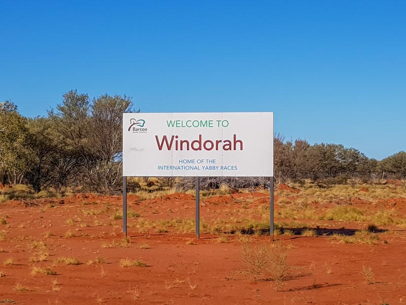 Welcome entry sign to Windorah in Outback Queensland