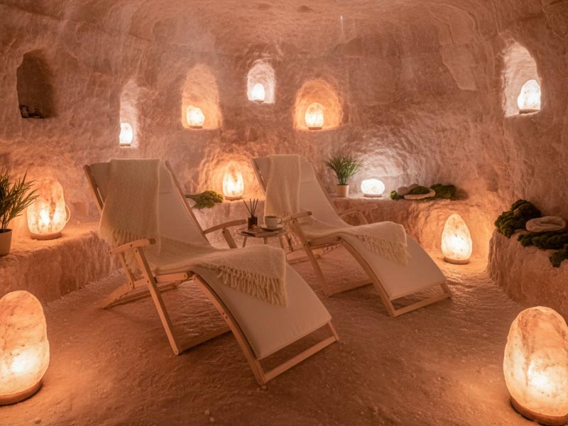 Chairs & Lamps inside a wellness Salt cave