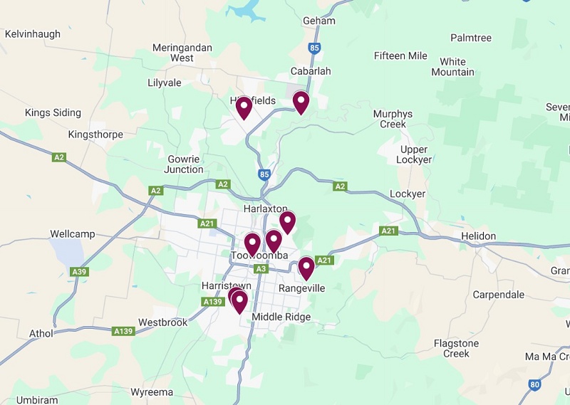 Location map of the Carnival of Flowers Gardens in Toowoomba