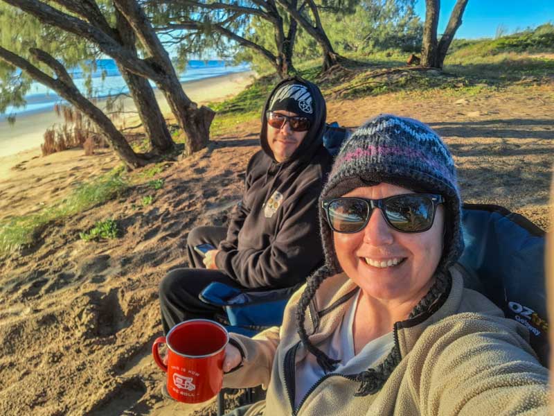 Matt & Chris enjoying a Morning Coffee on the beach while watching the sunrise over the beach