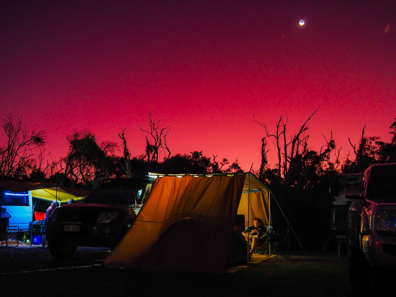 Sunset while camping at the Noosa North Shore Campgrounds